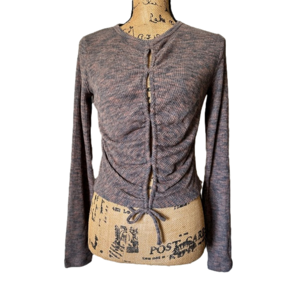 NWT Women's Long Sleeve Ribbed Lace Up Cozy Knit Brown Blouse size Large‎